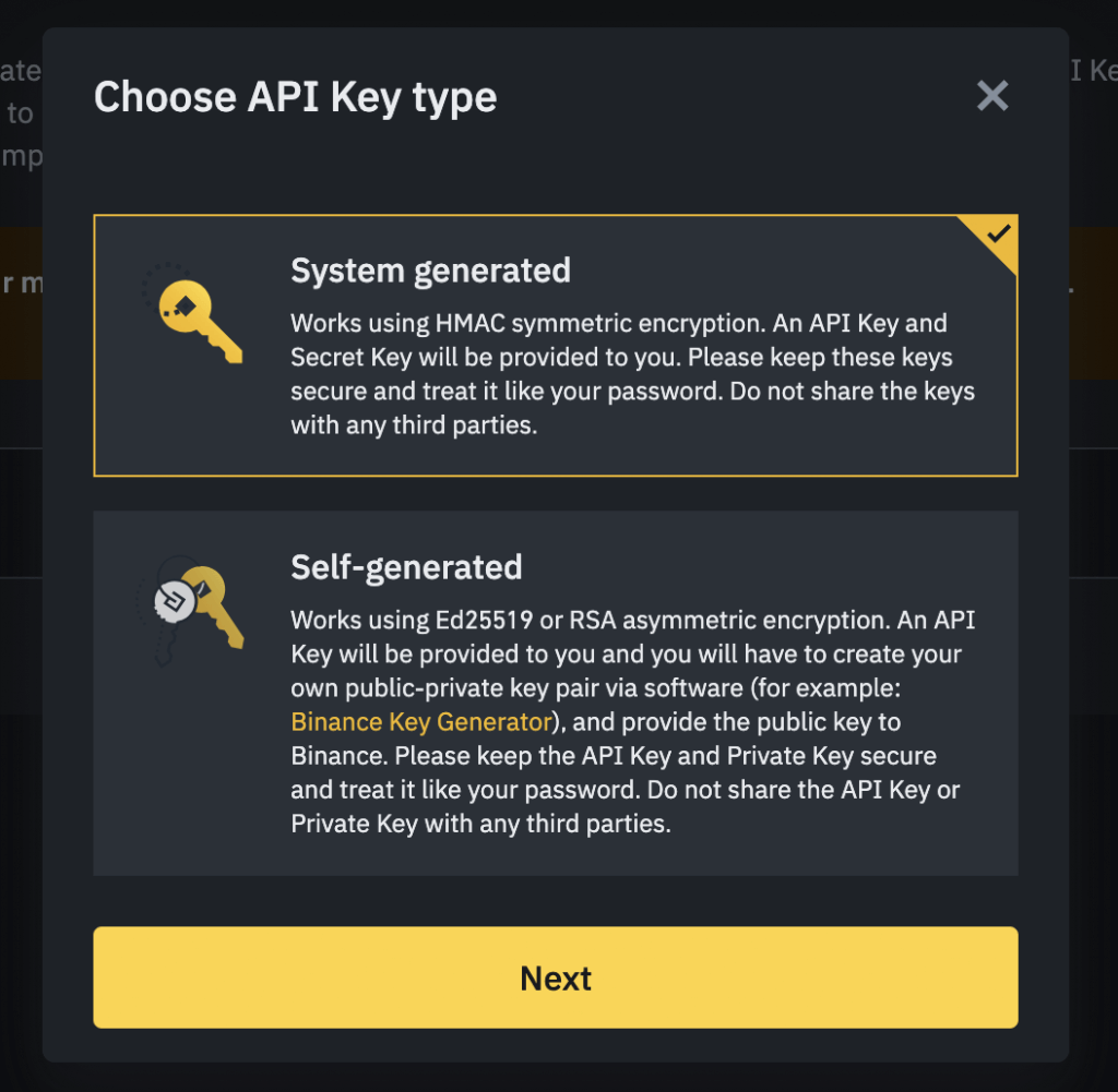 Choose Binance API Key Type